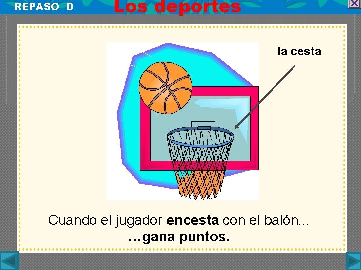 REPASO D Los deportes la cesta Cuando el jugador encesta con el balón. .