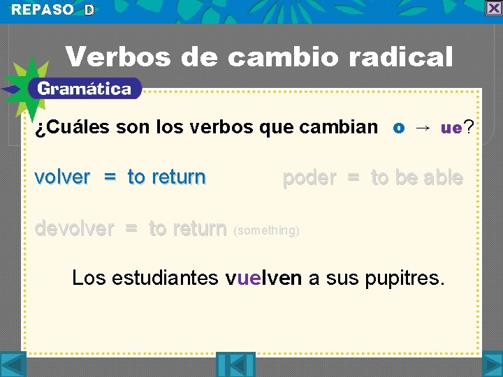 REPASO D Verbos de cambio radical ¿Cuáles son los verbos que cambian o →