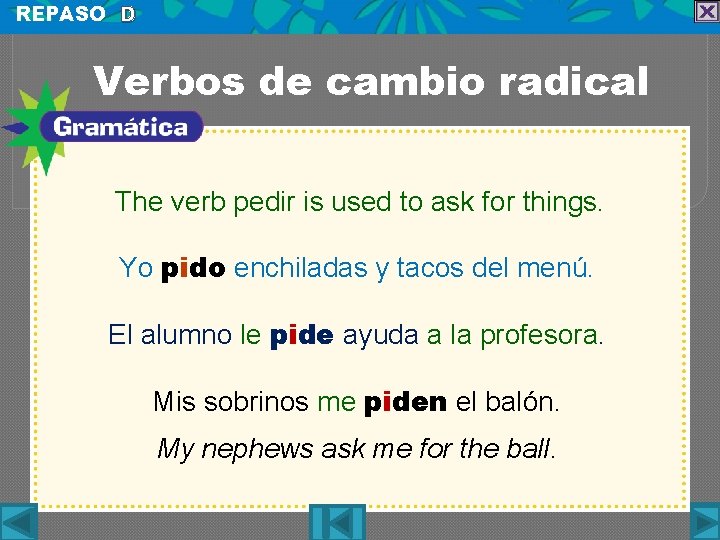 REPASO D Verbos de cambio radical The verb pedir is used to ask for