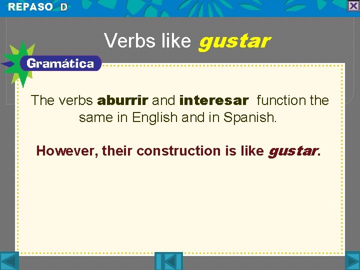 REPASO D Verbs like gustar The verbs aburrir and interesar function the same in