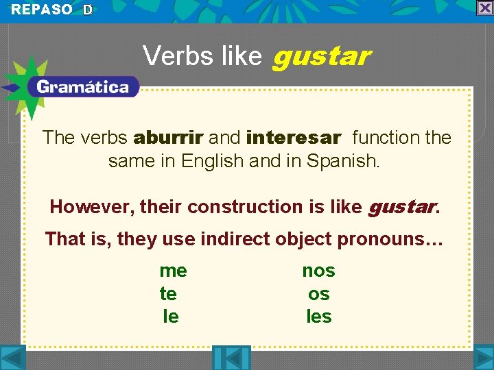 REPASO D Verbs like gustar The verbs aburrir and interesar function the same in