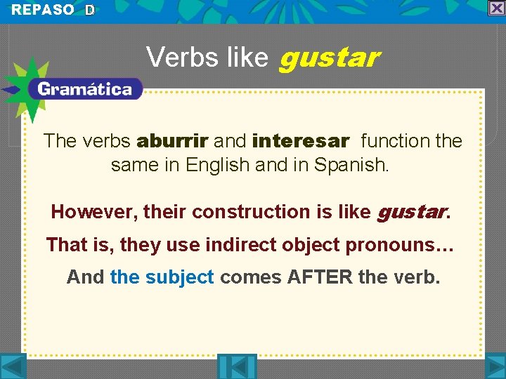 REPASO D Verbs like gustar The verbs aburrir and interesar function the same in