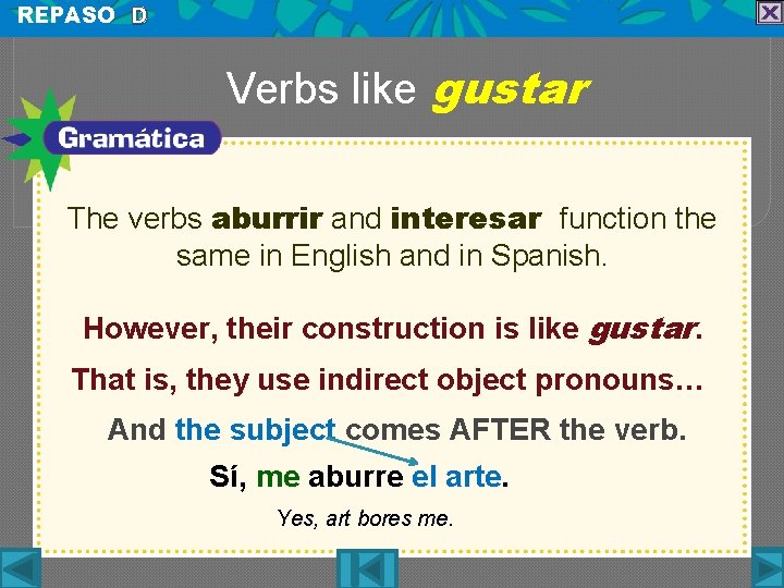 REPASO D Verbs like gustar The verbs aburrir and interesar function the same in