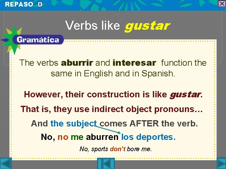 REPASO D Verbs like gustar The verbs aburrir and interesar function the same in