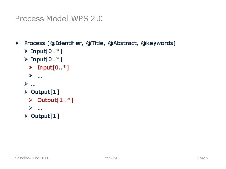 Process Model WPS 2. 0 Ø Process (@Identifier, @Title, @Abstract, @keywords) Ø Input[0. .