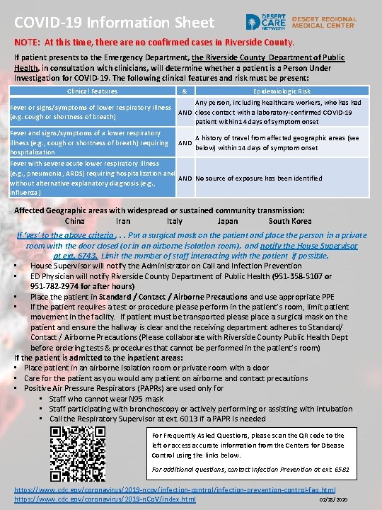 COVID-19 Information Sheet NOTE: At this time, there are no confirmed cases in Riverside COVID-19 Information Sheet NOTE: At this time, there are no confirmed cases in Riverside