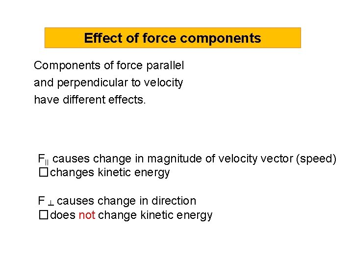 Effect of force components Components of force parallel and perpendicular to velocity have different