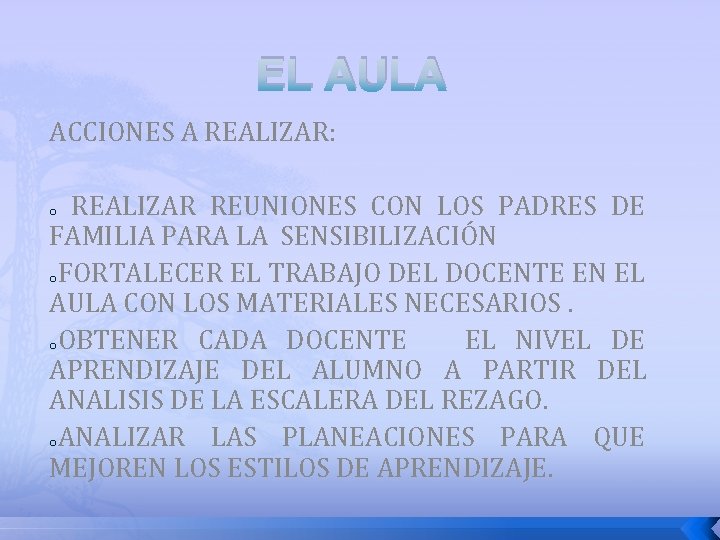 EL AULA ACCIONES A REALIZAR: REALIZAR REUNIONES CON LOS PADRES DE FAMILIA PARA LA