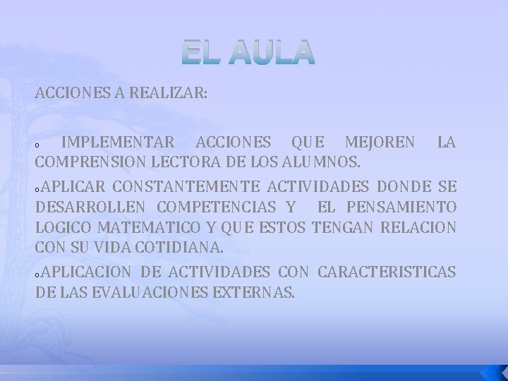 EL AULA ACCIONES A REALIZAR: IMPLEMENTAR ACCIONES QUE MEJOREN LA COMPRENSION LECTORA DE LOS