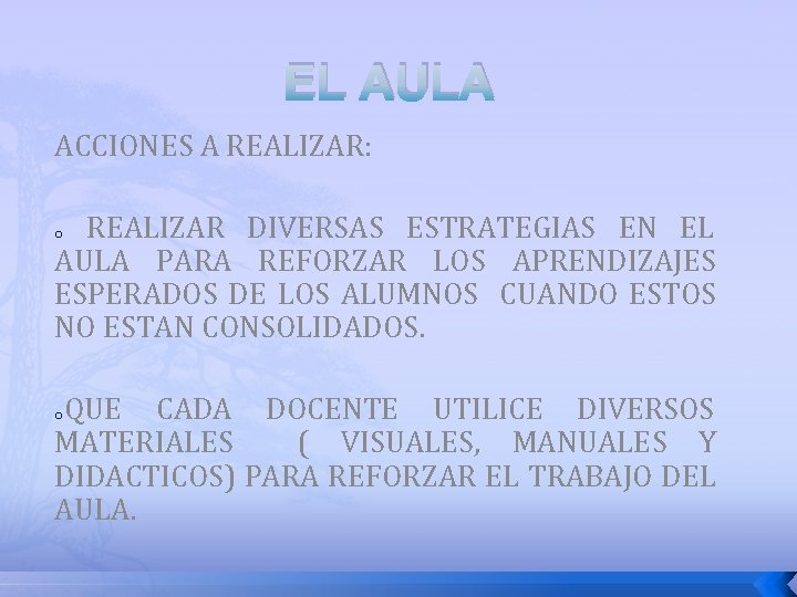 EL AULA ACCIONES A REALIZAR: REALIZAR DIVERSAS ESTRATEGIAS EN EL AULA PARA REFORZAR LOS