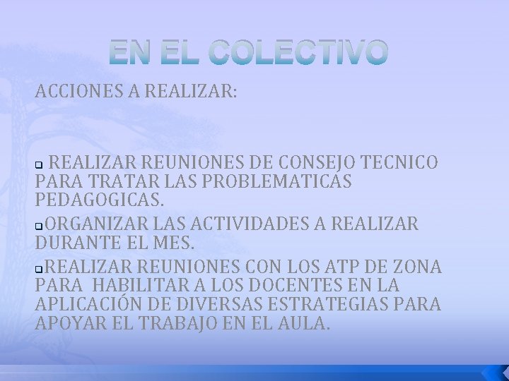 EN EL COLECTIVO ACCIONES A REALIZAR: REALIZAR REUNIONES DE CONSEJO TECNICO PARA TRATAR LAS