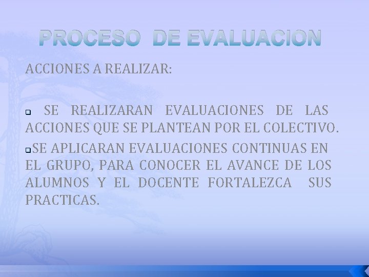 PROCESO DE EVALUACION ACCIONES A REALIZAR: SE REALIZARAN EVALUACIONES DE LAS ACCIONES QUE SE