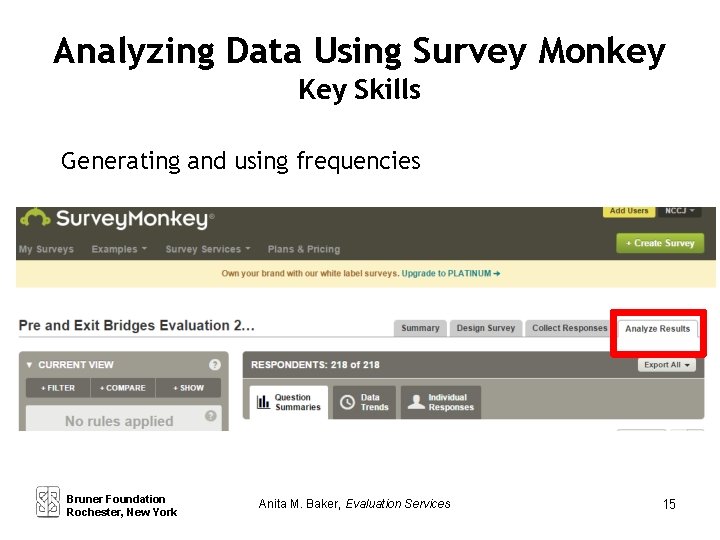 Analyzing Data Using Survey Monkey Key Skills Generating and using frequencies Bruner Foundation Rochester,