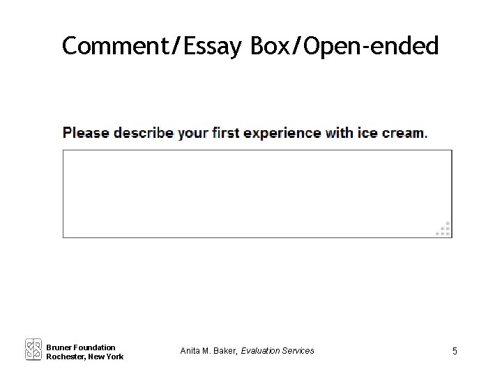 Comment/Essay Box/Open-ended Bruner Foundation Rochester, New York Anita M. Baker, Evaluation Services 5 