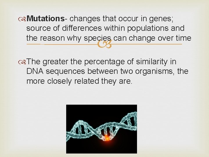  Mutations- changes that occur in genes; source of differences within populations and the