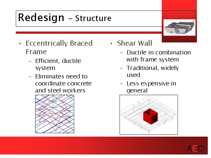 Redesign - Structure • Eccentrically Braced Frame – Efficient, ductile system – Eliminates need