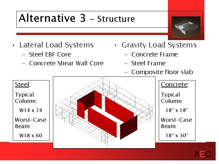Alternative 3 - Structure • Lateral Load Systems – Steel EBF Core – Concrete