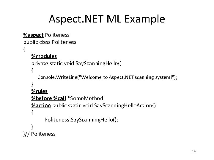 Aspect. NET ML Example %aspect Politeness public class Politeness { %modules private static void