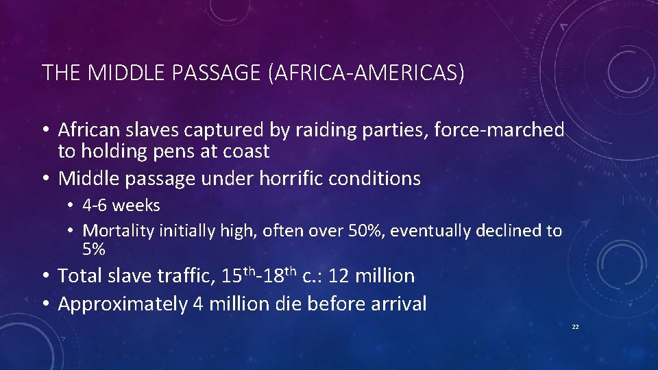 THE MIDDLE PASSAGE (AFRICA-AMERICAS) • African slaves captured by raiding parties, force-marched to holding