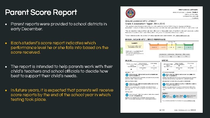 Parent Score Report ● Parent reports were provided to school districts in early December. Parent Score Report ● Parent reports were provided to school districts in early December.