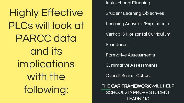 Instructional Planning Highly Effective PLCs will look at PARCC data and its implications with