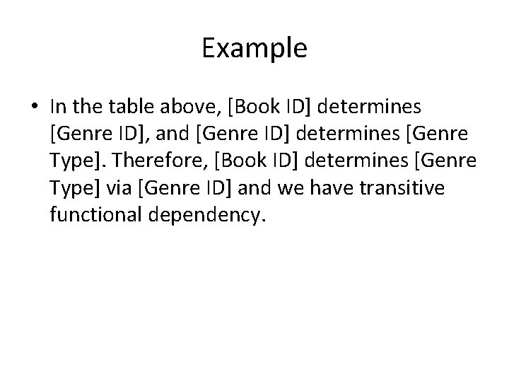 Example • In the table above, [Book ID] determines [Genre ID], and [Genre ID]