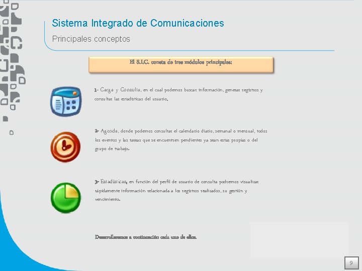 Sistema Integrado de Comunicaciones Principales conceptos El S. I. C. consta de tres módulos