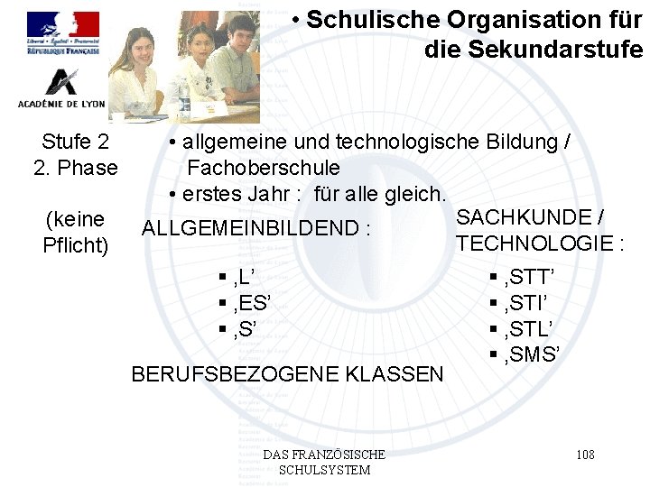  • Schulische Organisation für die Sekundarstufe Stufe 2 2. Phase (keine Pflicht) •