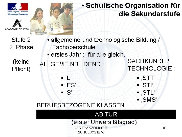  • Schulische Organisation für die Sekundarstufe Stufe 2 2. Phase (keine Pflicht) •