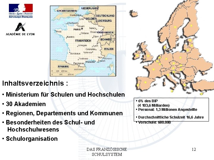 Inhaltsverzeichnis : • Ministerium für Schulen und Hochschulen • 30 Akademien • Regionen, Departements