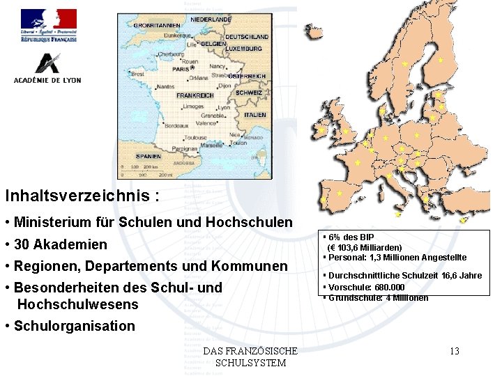 Inhaltsverzeichnis : • Ministerium für Schulen und Hochschulen • 30 Akademien • Regionen, Departements