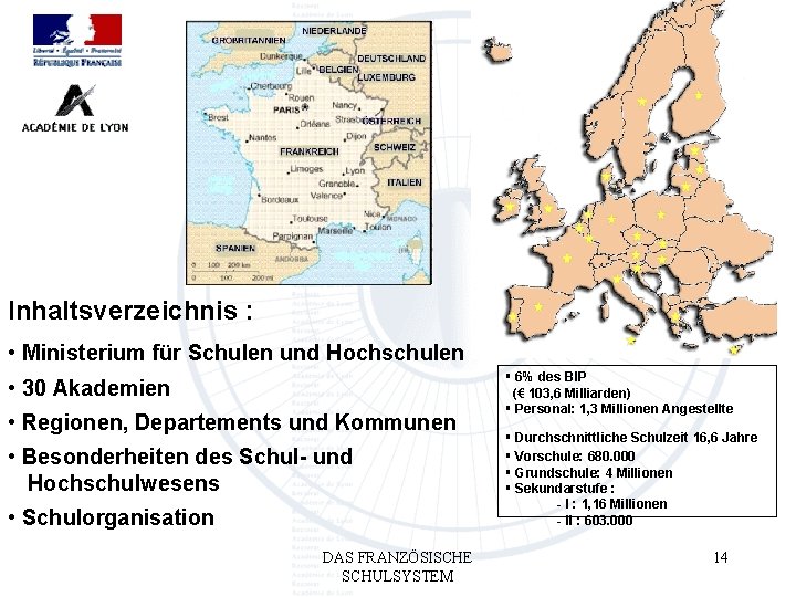 Inhaltsverzeichnis : • Ministerium für Schulen und Hochschulen • 30 Akademien • Regionen, Departements