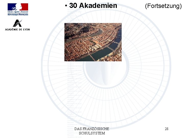  • 30 Akademien DAS FRANZÖSISCHE SCHULSYSTEM (Fortsetzung) 28 