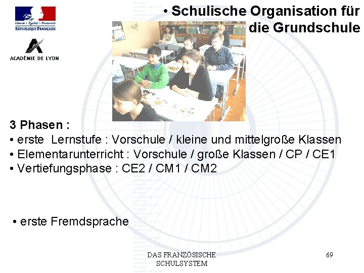  • Schulische Organisation für die Grundschule 3 Phasen : • erste Lernstufe :