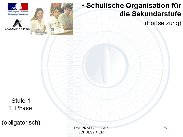  • Schulische Organisation für die Sekundarstufe (Fortsetzung) Stufe 1 1. Phase (obligatorisch) DAS