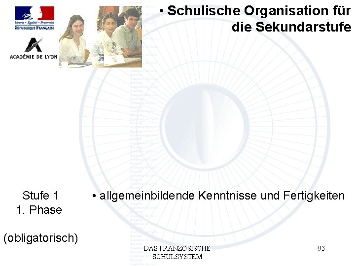  • Schulische Organisation für die Sekundarstufe Stufe 1 1. Phase • allgemeinbildende Kenntnisse