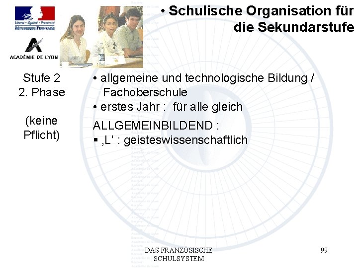  • Schulische Organisation für die Sekundarstufe Stufe 2 2. Phase (keine Pflicht) •