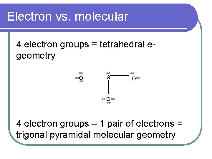 Electron vs. molecular 4 electron groups = tetrahedral egeometry O S O O 4