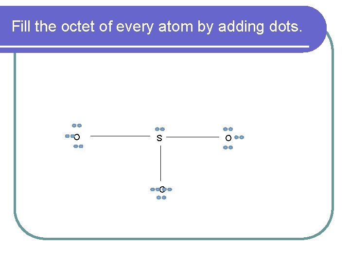 Fill the octet of every atom by adding dots. O S O O 