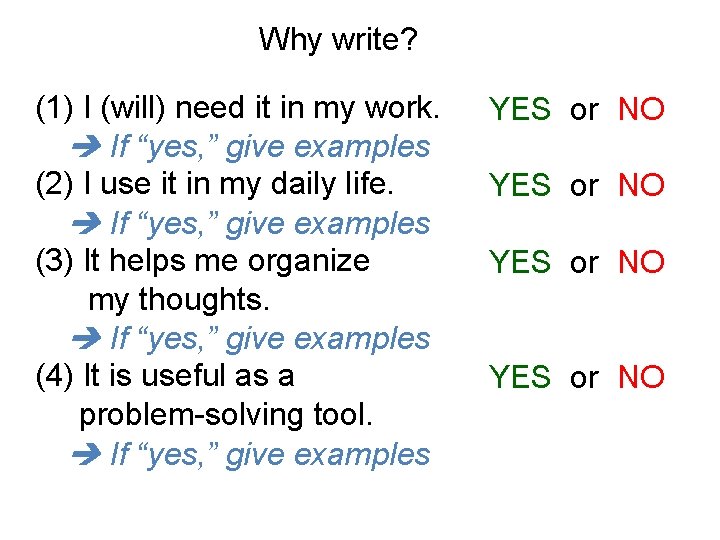 Why write? (1) I (will) need it in my work. If “yes, ” give