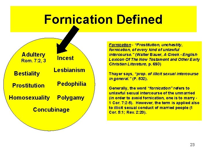 Fornication Defined Adultery Rom. 7: 2, 3 Bestiality Incest Lesbianism Prostitution Pedophilia Homosexuality Polygamy