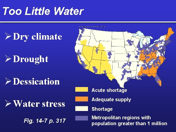 Too Little Water Ø Dry climate Ø Drought Ø Dessication Acute shortage Ø Water