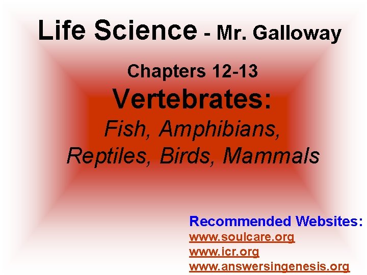 Life Science - Mr. Galloway Chapters 12 -13 Vertebrates: Fish, Amphibians, Reptiles, Birds, Mammals