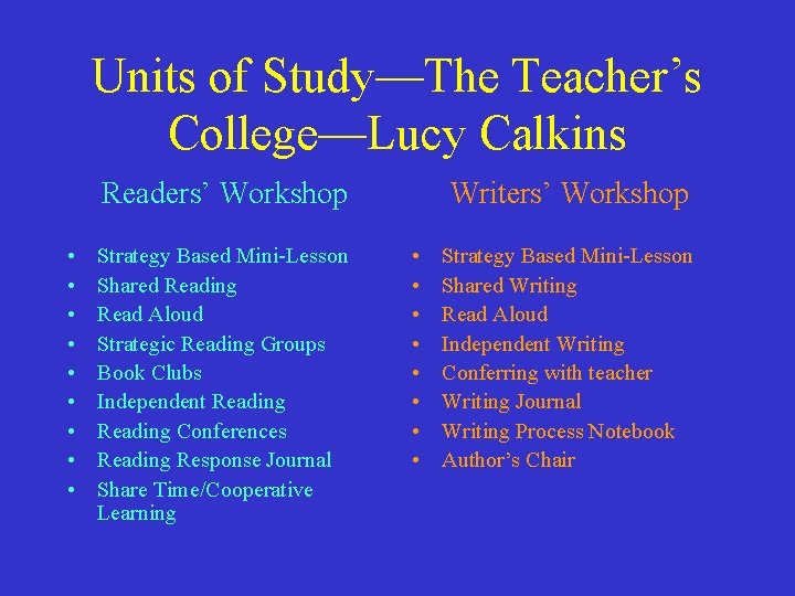Units of Study—The Teacher’s College—Lucy Calkins Readers’ Workshop • • • Strategy Based Mini-Lesson