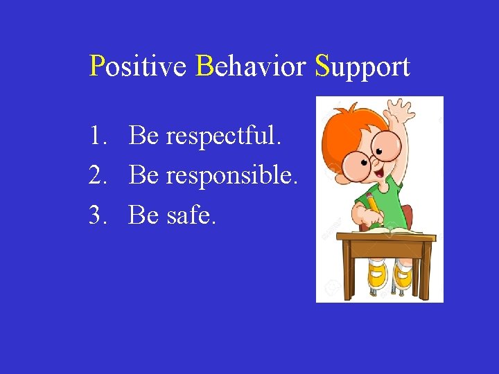 Positive Behavior Support 1. Be respectful. 2. Be responsible. 3. Be safe. 