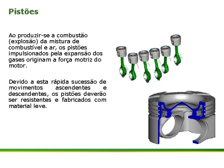 Pistões Ao produzir-se a combustão (explosão) da mistura de combustível e ar, os pistões