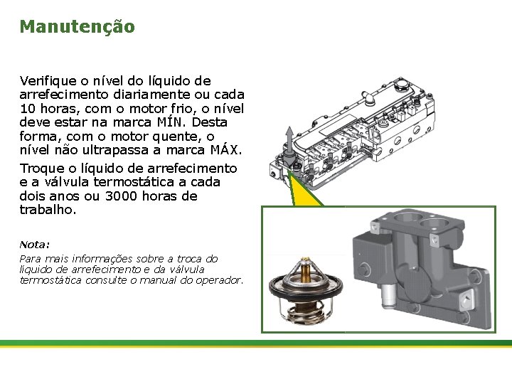 Manutenção Verifique o nível do líquido de arrefecimento diariamente ou cada 10 horas, com