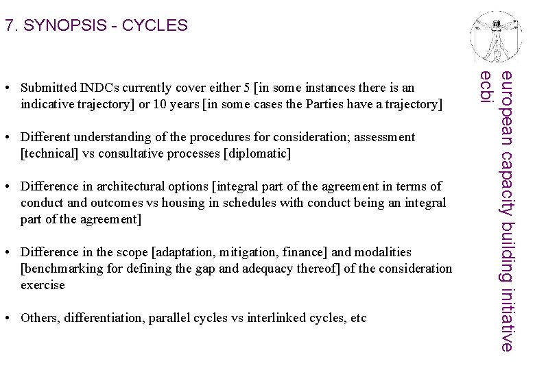 7. SYNOPSIS - CYCLES • Different understanding of the procedures for consideration; assessment [technical]