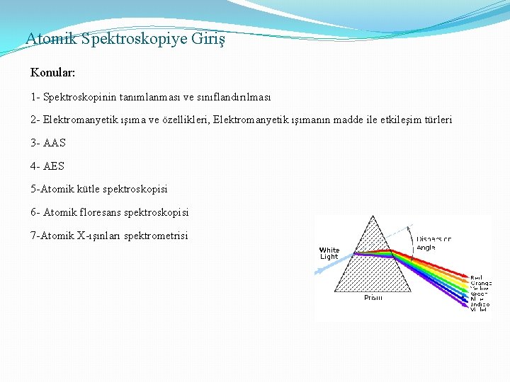 Atomik Spektroskopiye Giriş Konular: 1 - Spektroskopinin tanımlanması ve sınıflandırılması 2 - Elektromanyetik ışıma