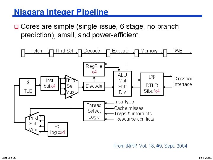 Niagara Integer Pipeline q Cores are simple (single-issue, 6 stage, no branch prediction), small,